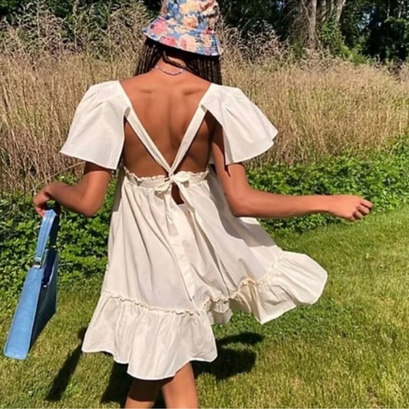 Free People Imogene Ivory Cotton Square Neck Flutter sleeve mini dress size XS - Picture 2 of 8